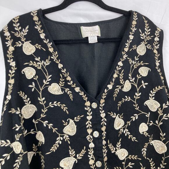 Vintage Womens 26 Black & Gold Floral Embroidered Vest Boho Chic Cottage Folk - Picture 3 of 10
